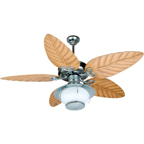54" Outdoor Patio Ceiling Fan with Outdoor Tropic Isle Blades in Light Oak and Wire Cage Outdoor Kit in Galvanized with Frost Glass