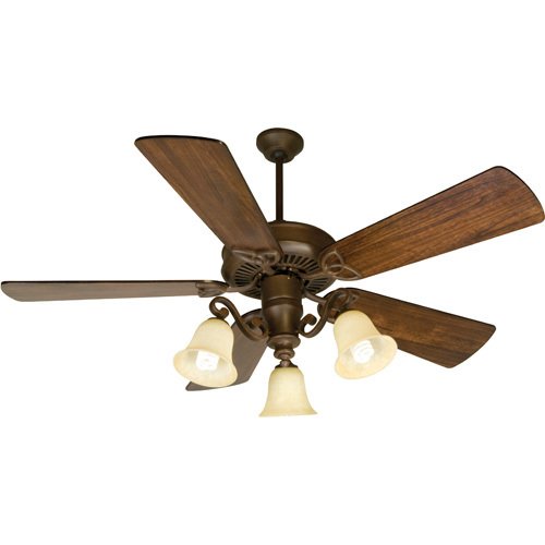 54" Ceiling Fan with Premier Blades in Distressed Walnut and 3 Light Kit in Aged Bronze with Antique Scavo Glass
