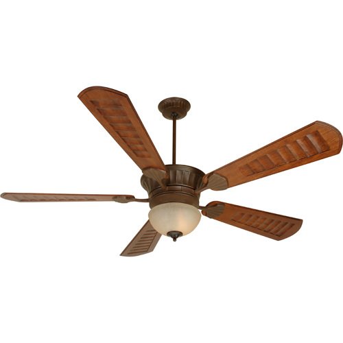 70" Ceiling Fan in Aged Bronze with Custom Carved Blades in Scalloped Walnut and Outdoor Tea Stained Bowl