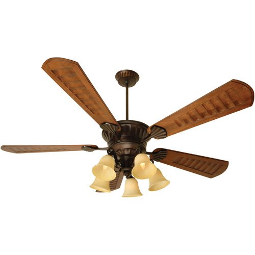 70" Ceiling Fan with Custom Carved Blades in Scalloped Walnut and 5 Light Scroll Light Kit in Oiled Bronze with Antique Scavo Glass
