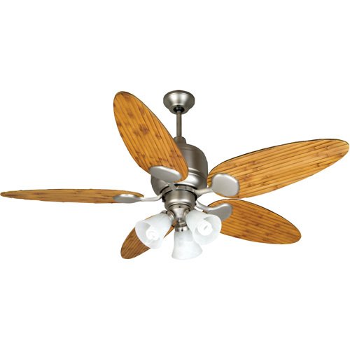 54" Ceiling Fan with Tropic Isle Blades in Oak Bamboo and 3 Light Fitter in Brushed Nickel with Alabaster Swirl Glass