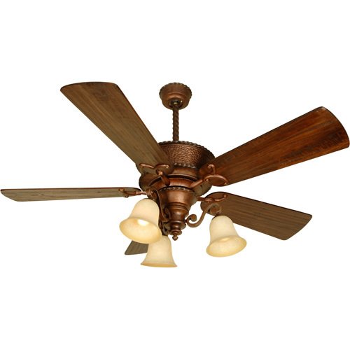 54" Ceiling Fan with Premier Blades in Distressed Walnut and 3 Light Kit in Burnt Sienna with Antique Scavo Glass