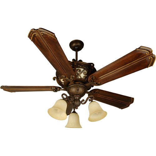 56" Ceiling Fan with Custom Carved Blades in Chamberlain Walnut and 3 Arm Light Kit in Peruvian with Antique Scavo Glass