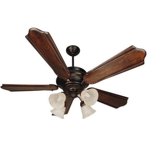 56" Ceiling Fan with Custom Carved Blades in Classic Ebony and 4 Light Fitter in Oiled Bronze with Alabaster Frost Glass