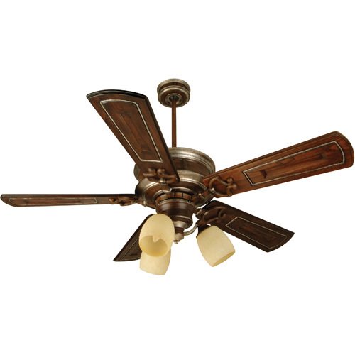 54" Ceiling Fan in Dark Coffee with Vintage Madera with Custom Carved Blades in Walnut/Vintage Madera and 3 Light Kit in Dark Coffee/Vintage Madera with Antique Scavo Glass