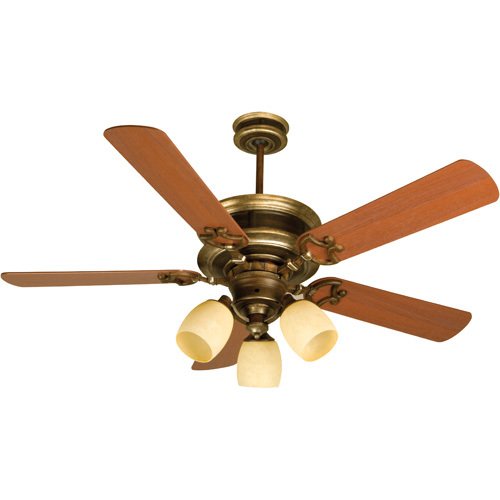 52" Ceiling Fan in Dark Coffee with Vintage Madera with Plus Blades in Washed Walnut Birch and 3 Light Kit in Dark Coffee/Vintage Madera with Antique Scavo Glass