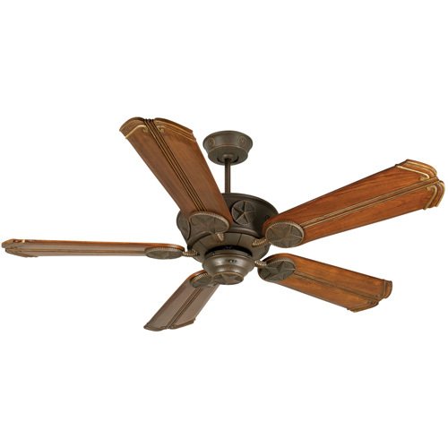 56" Ceiling Fan in Aged Bronze with Custom Carved Blades in Chamberlain Oak