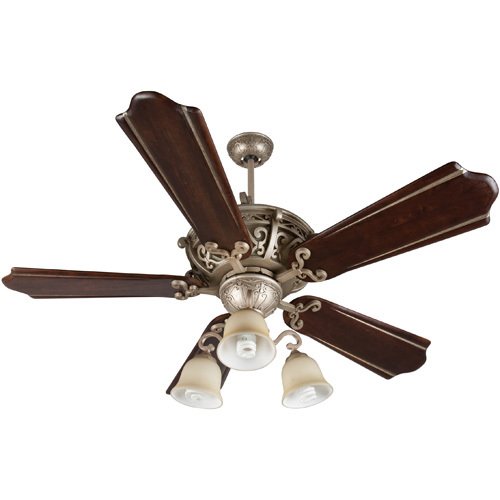 56" Ceiling Fan with Custom Carved Blades in Classic Walnut/Vintage Madera and 3 Light Kit in Athenian Obol with Amber Frost Glass