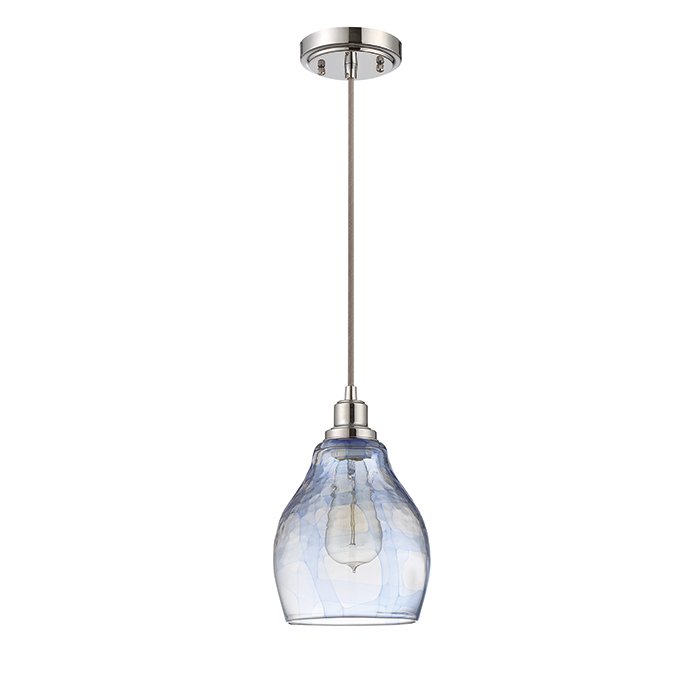 1 Light Mini Pendant with Cord in Chrome with Clear with Blue Hue Glass