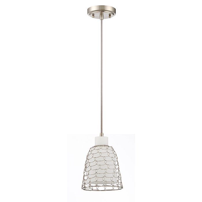 1 Light Mini Pendant with Cord in Satin Nickel with White Frosted Glass
