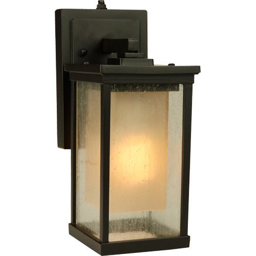 5" Energy Star Exterior Wall Light in Oiled Bronze with Clear Seeded Glass (Outer) & Frosted Amber Glass (Inner)