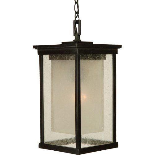 8" Energy Star Hanging Exterior Light in Oiled Bronze with Clear Seeded Glass (Outer) & Frosted Amber Glass (Inner)