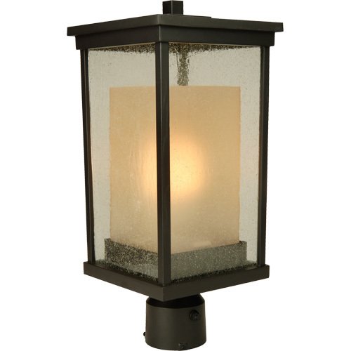 8" Energy Star Exterior Post Light in Oiled Bronze with Clear Seeded Glass (Outer) & Frosted Amber Glass (Inner)