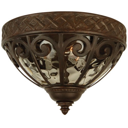 14" Flush Mount Exterior Light in Aged Bronze with Champagne Hammered Glass