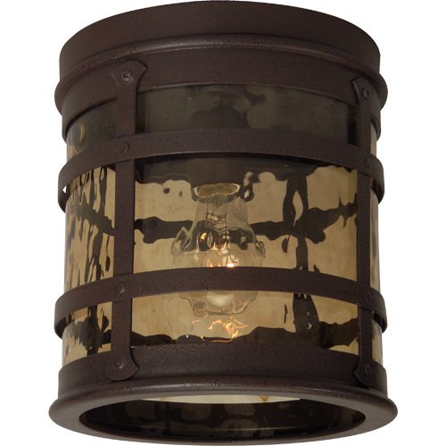 8 5/16" Flush Mount Exterior Light in Rustic Iron with Hammered Champagne Glass
