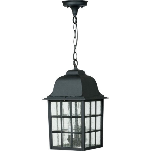 8 1/2" Hanging Exterior Light in Matte Black with Seeded Glass