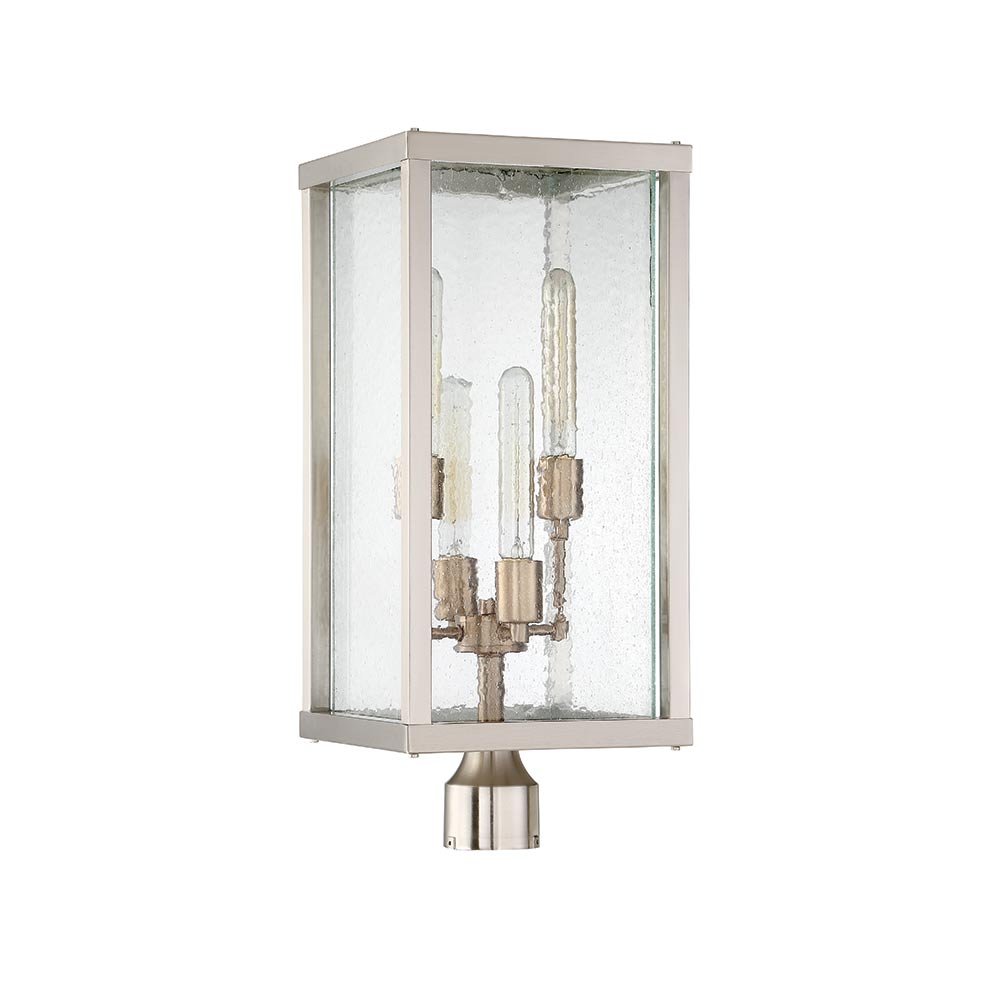 4 Light Large Post Mount in Brushed Nickel/Patina Aged Brass with Clear Seeded Glass