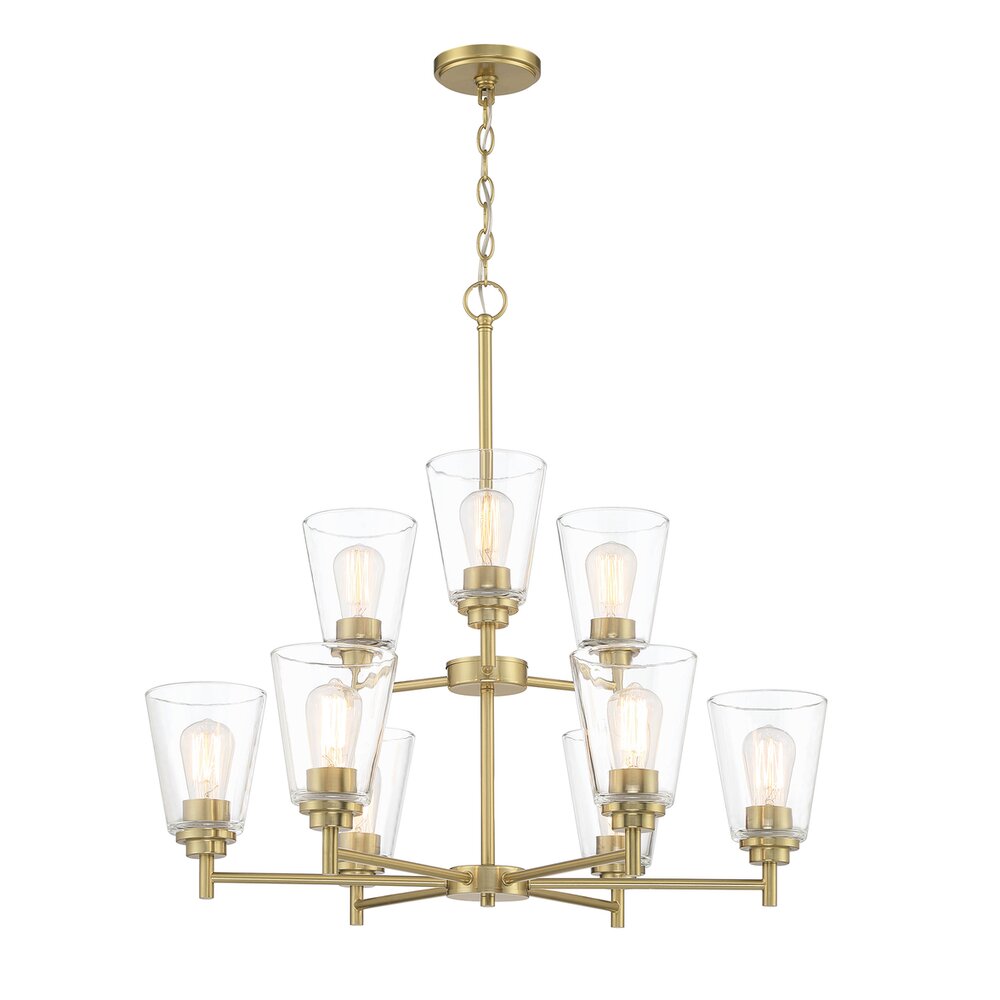 9 Light Chandelier in Brushed Gold with Clear Glass
