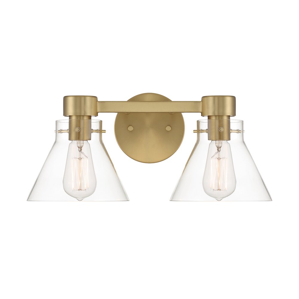 16.5" 2-Light Contemporary Vanity Light in Brushed Gold with Clear Blown Glass Shades