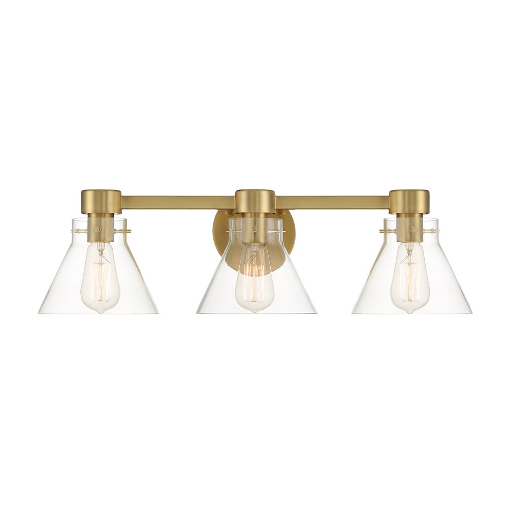 25" 3-Light Contemporary Vanity Light in Brushed Gold with Clear Blown Glass Shades