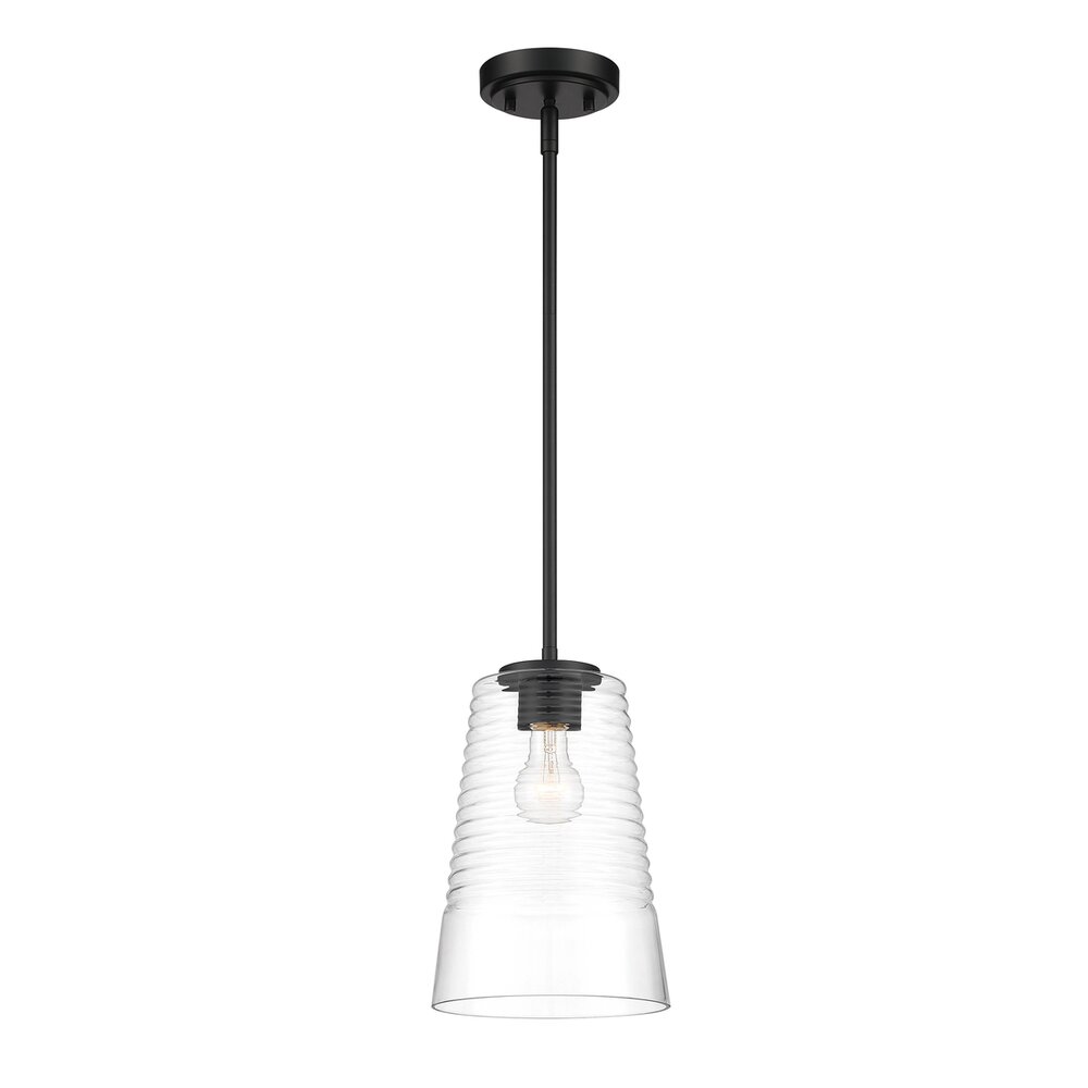 1 Light Pendant in Matte Black with Clear Blown Ripple Glass