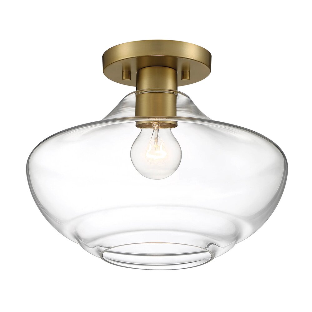 1 Light Semi Flush in Brushed Gold with Clear Glass 