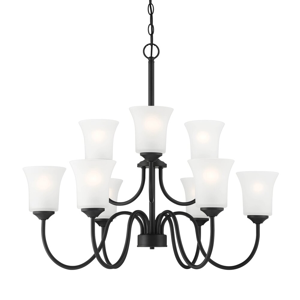 9 Light Chandelier in Matte Black with Frosted Glass 