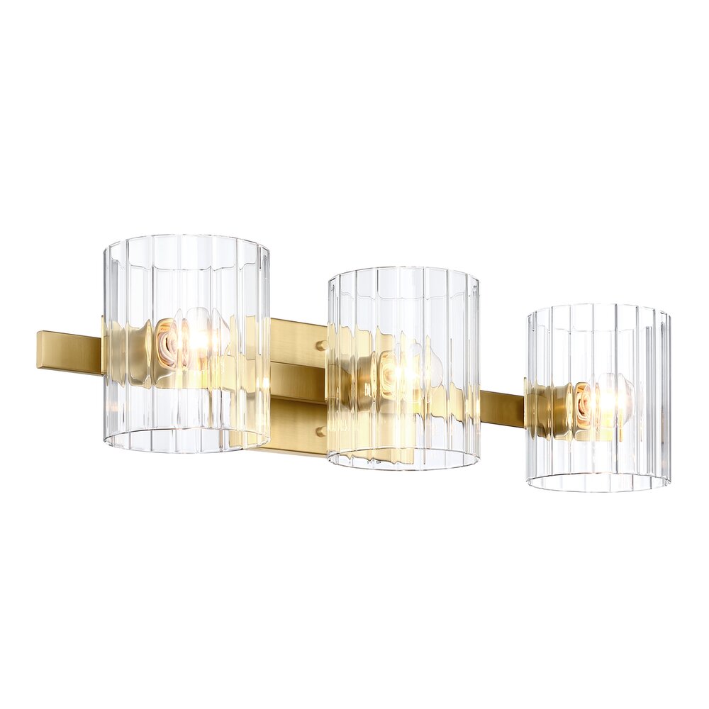 24.25" 3-Light Transitional Vanity Light in Brushed Gold with Clear Ribbed Glass 