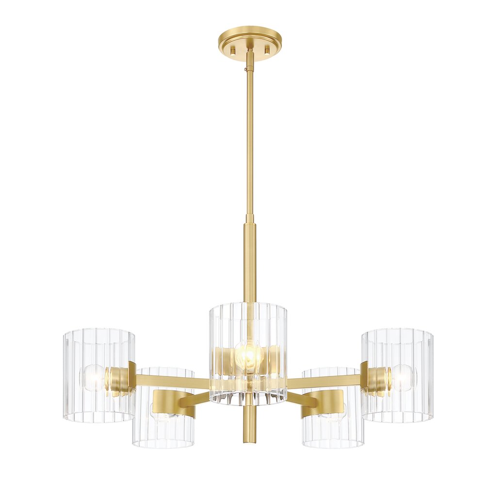 28" 5-Light Transitional Chandelier in Brushed Gold with Clear Ribbed Glass 
