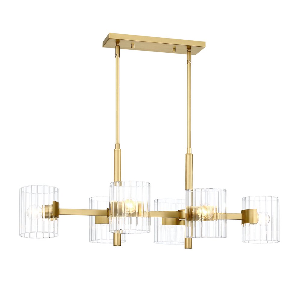 36" 6-Light Transitional Island Pendant Light in Brushed Gold with Clear Ribbed Glass 