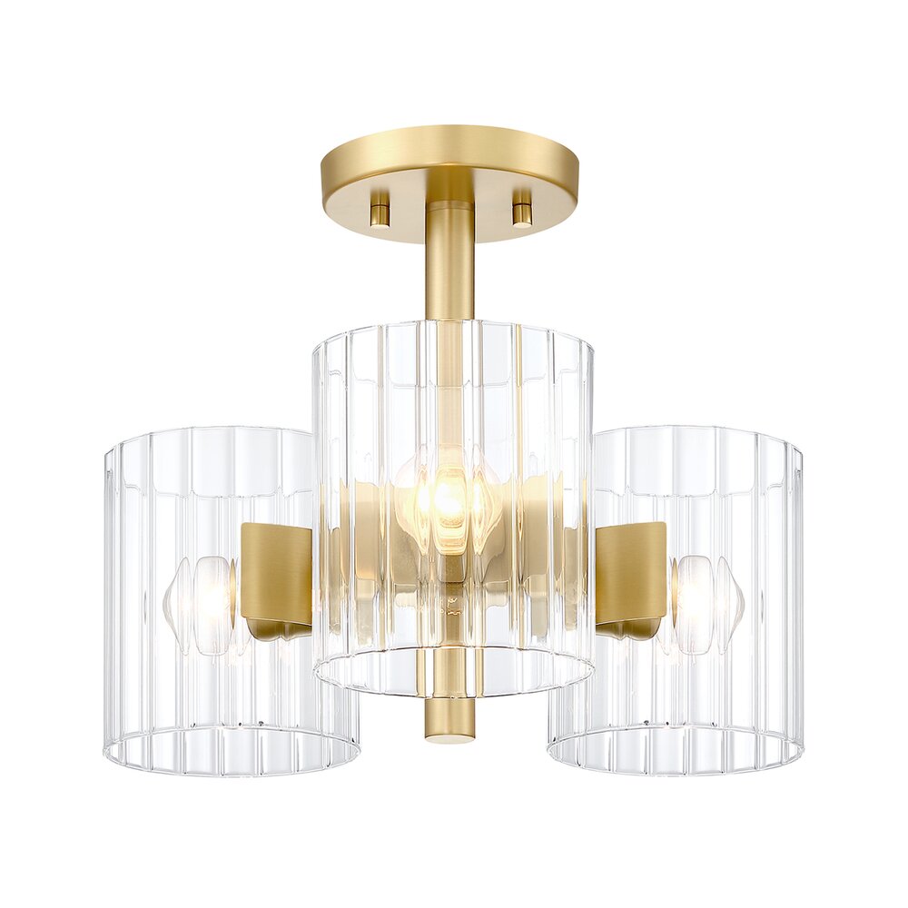 15" 3-Light Transitional Semi Flush Mount Light in Brushed Gold with Clear Ribbed Glass 
