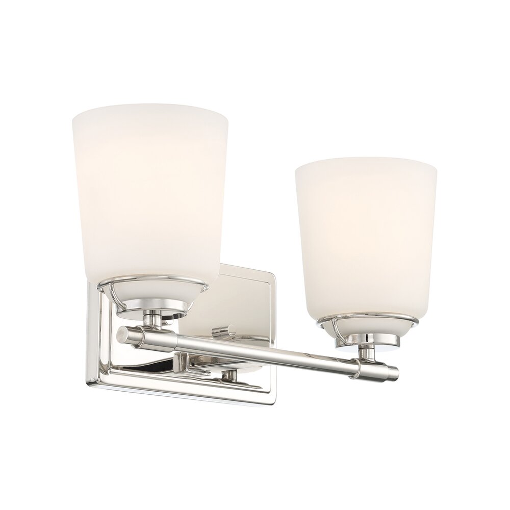 14.25" 2-Light Modern Vanity Light in Polished Nickel with Etched Opal Glass Shades