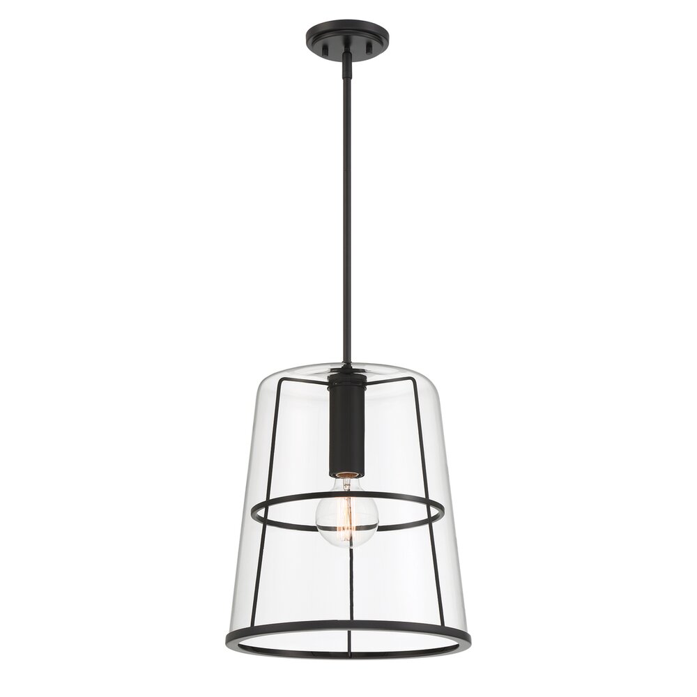 14" 1-Light Transitional Pendant Light in Matte Black with Clear Glass