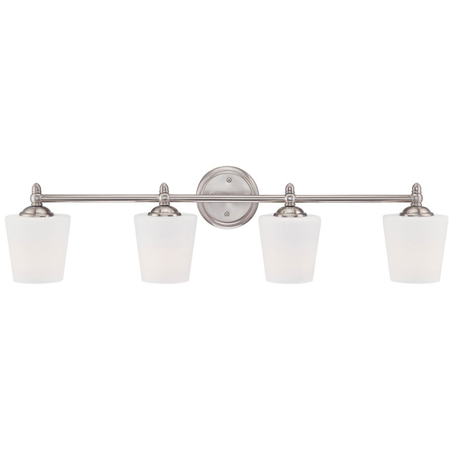 4 Light Bath Bar in Brushed Nickel with White Opal