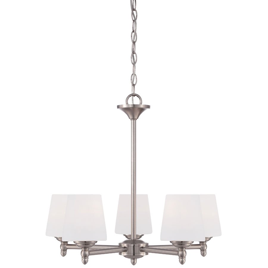 5 Light Chandelier in Brushed Nickel with White Opal