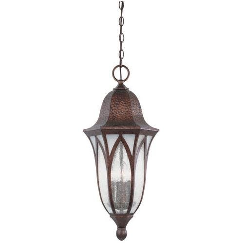 Exterior Hanging Lantern in Burnished Antique Copper with Clear & Frosted Seedy