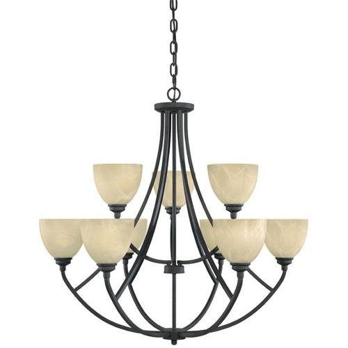 Chandelier in Burnished Bronze with Tea Stained Alabaster