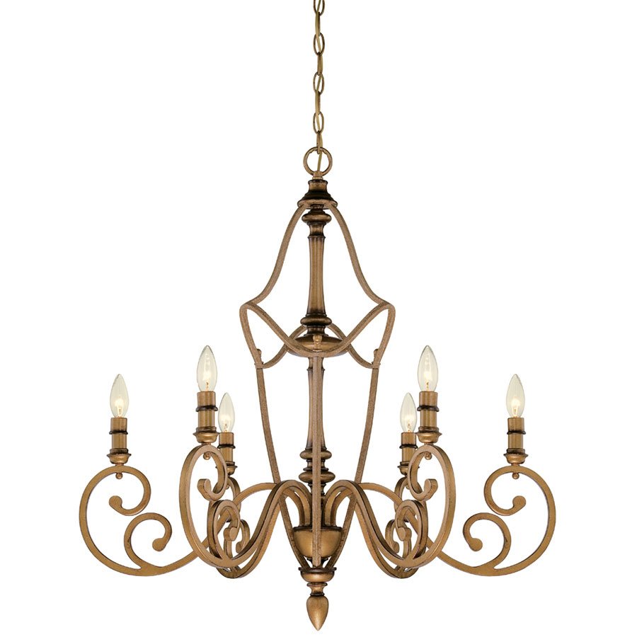 6 Light Chandelier in Aged Brass with Satin Etched