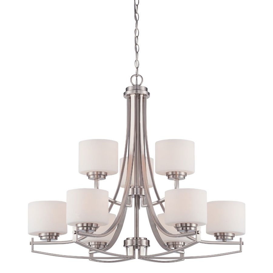 9 Light Chandelier in Satin Platinum with White Opal