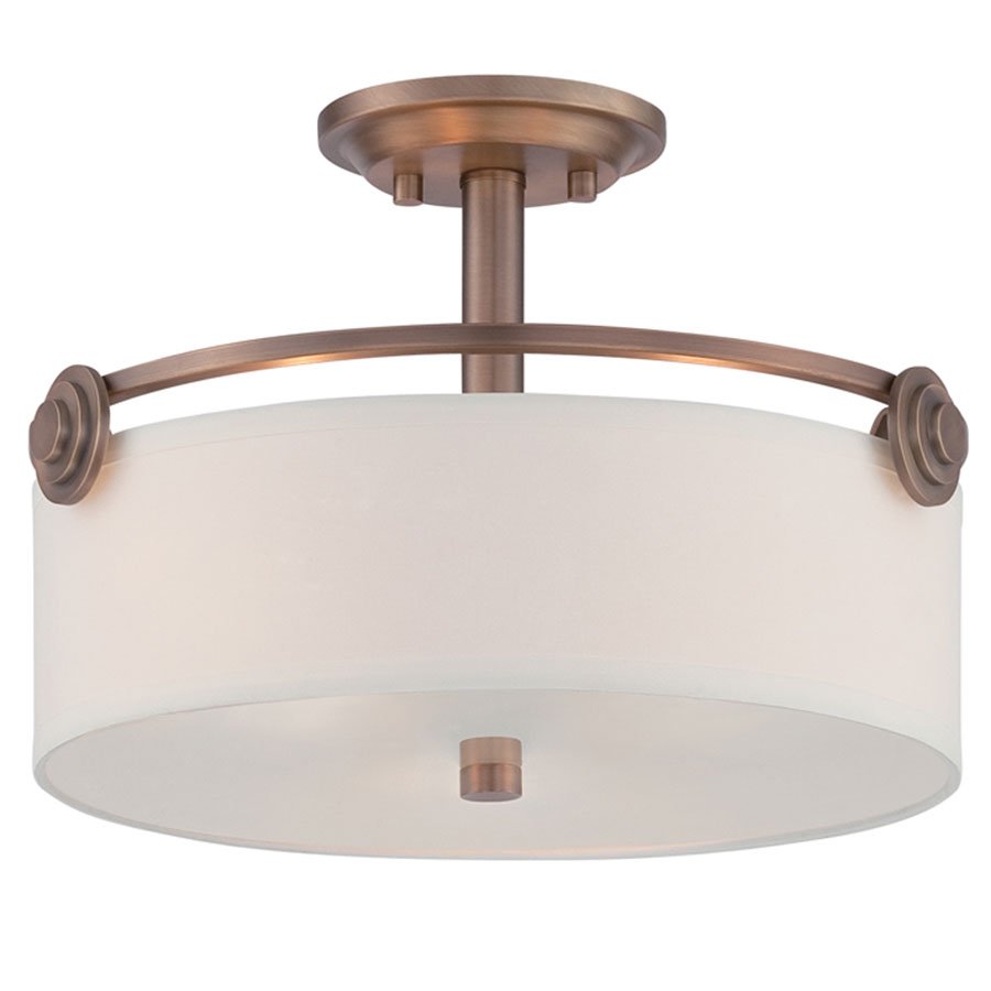 Semi-Flush in Old Satin Brass with White Fabric