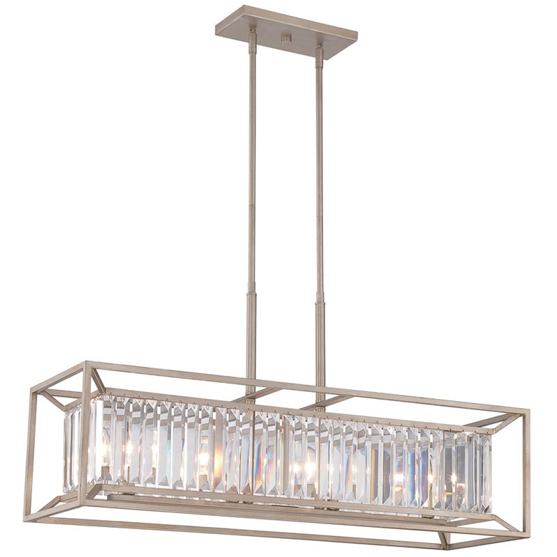 4 Light Linear Chandelier in Aged Platinum with Crystal Prisms