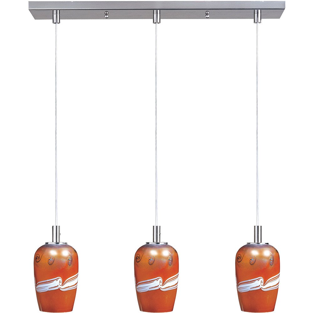 3 Light Linear Pendant in Satin Nickel with Amber Glass