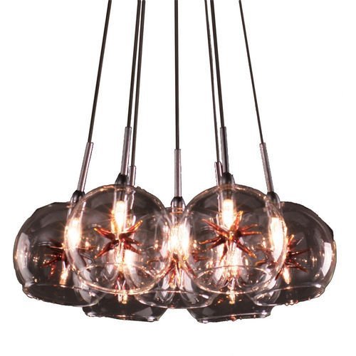 12" 7-Light Chandelier in Satin Nickel with Clear/Amber Glass