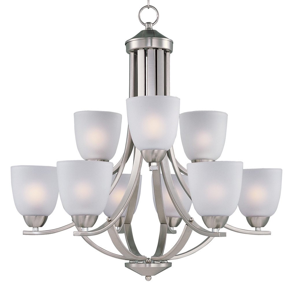 9 Light Chandelier in Satin Nickel with Frosted Glass