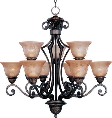 32" 9-Light Chandelier in Oil Rubbed Bronze with Screen Amber Glass