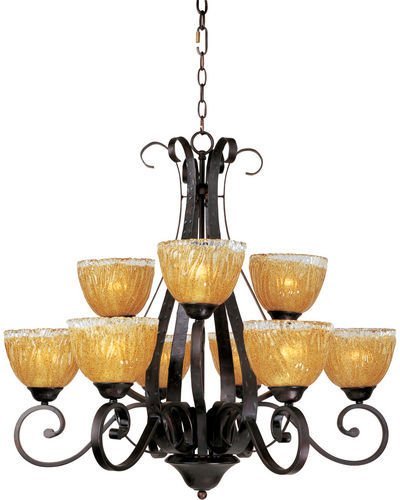 32 1/2" 9-Light Chandelier in Oil Rubbed Bronze with Amber Ice Glass