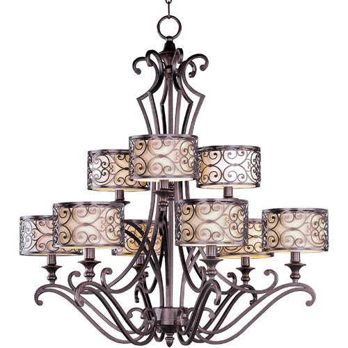 34" 9-Light Multi-Tier Chandelier in Umber Bronze with Off-White Fabric Shades