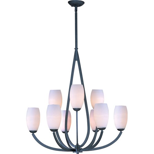 34 1/2" 9-Light Multi-Tier Chandelier in Textured Ebony with Satin White Glass
