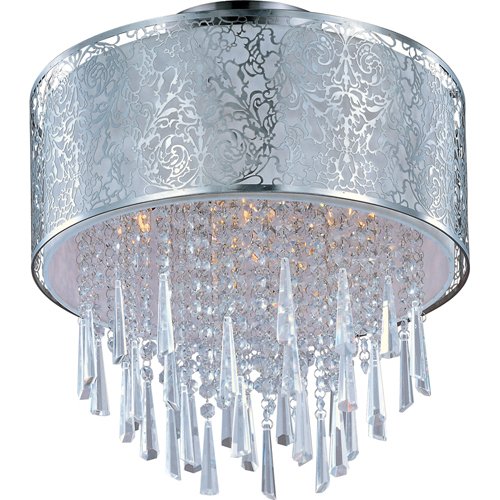 16" 5-Light Semi - Flush Mount Fixture in Satin Nickel with Beveled Crystal and a White Fabric Shade