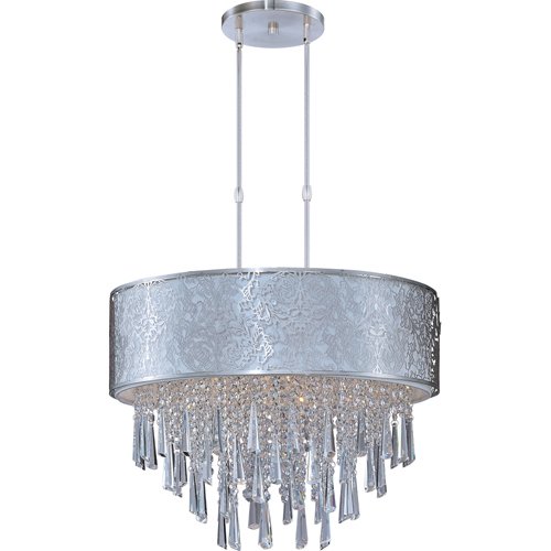20 1/2" 9-Light Single Pendant in Satin Nickel with Beveled Crystal and a White Fabric Shade